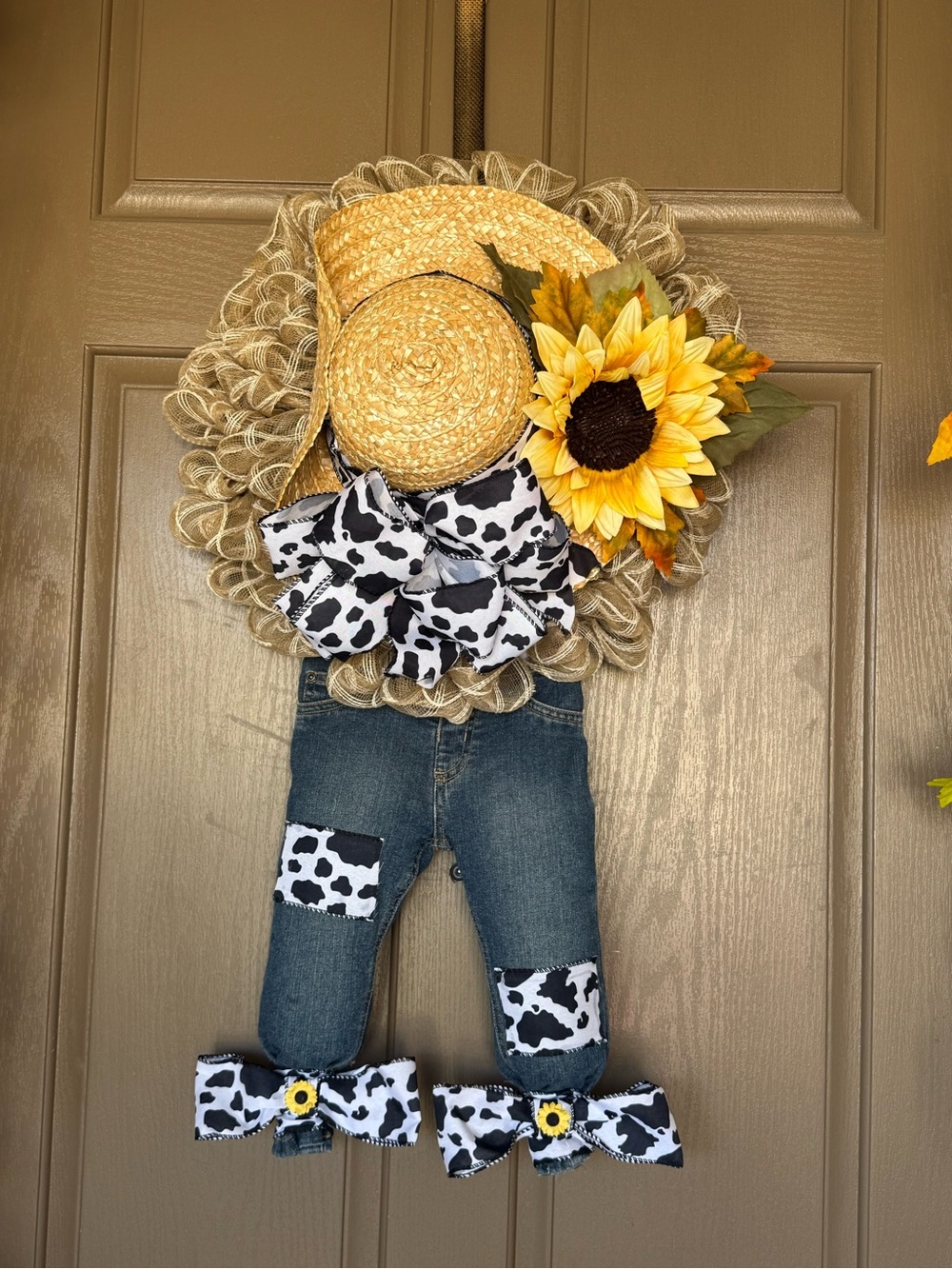 Straw Sun Hat Wreath with Yellow Sunflower and Cow print bow
